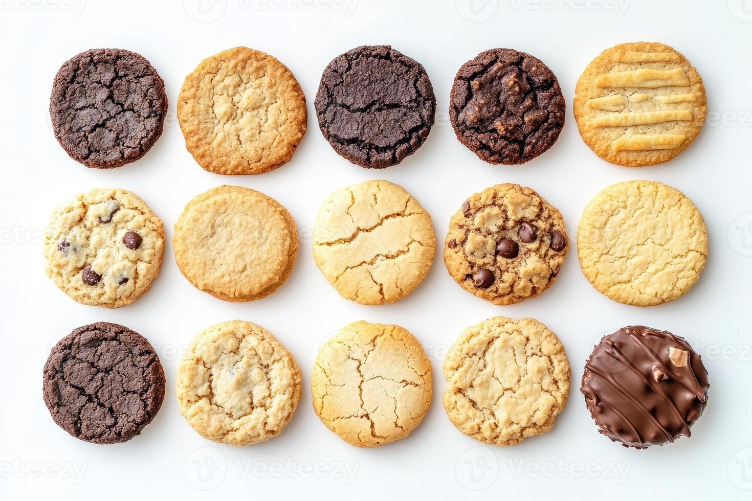 A variety of cookies arranged in a grid pattern on a white background photo