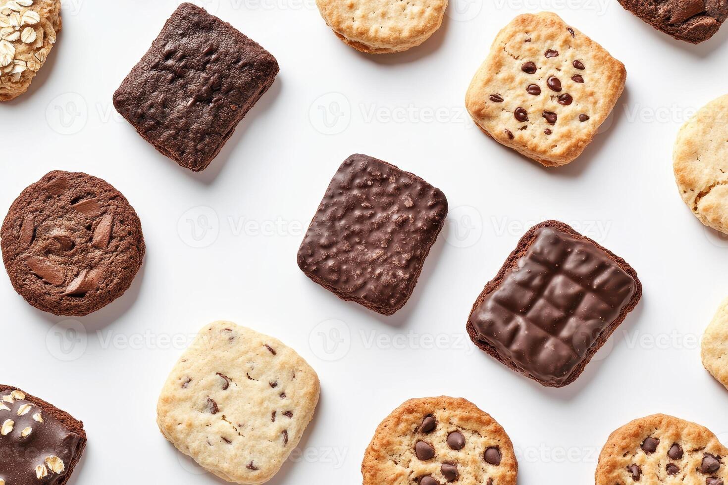 A variety of cookies displayed on a white surface, showcasing different textures and flavors. photo
