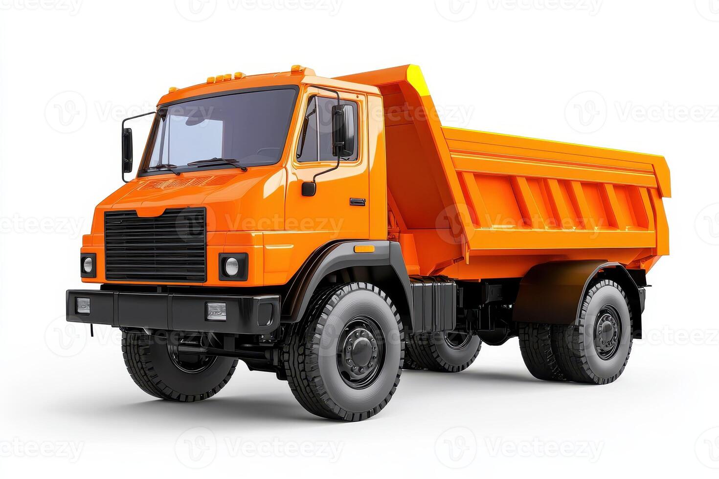A bright orange dump truck designed for transporting and unloading materials photo