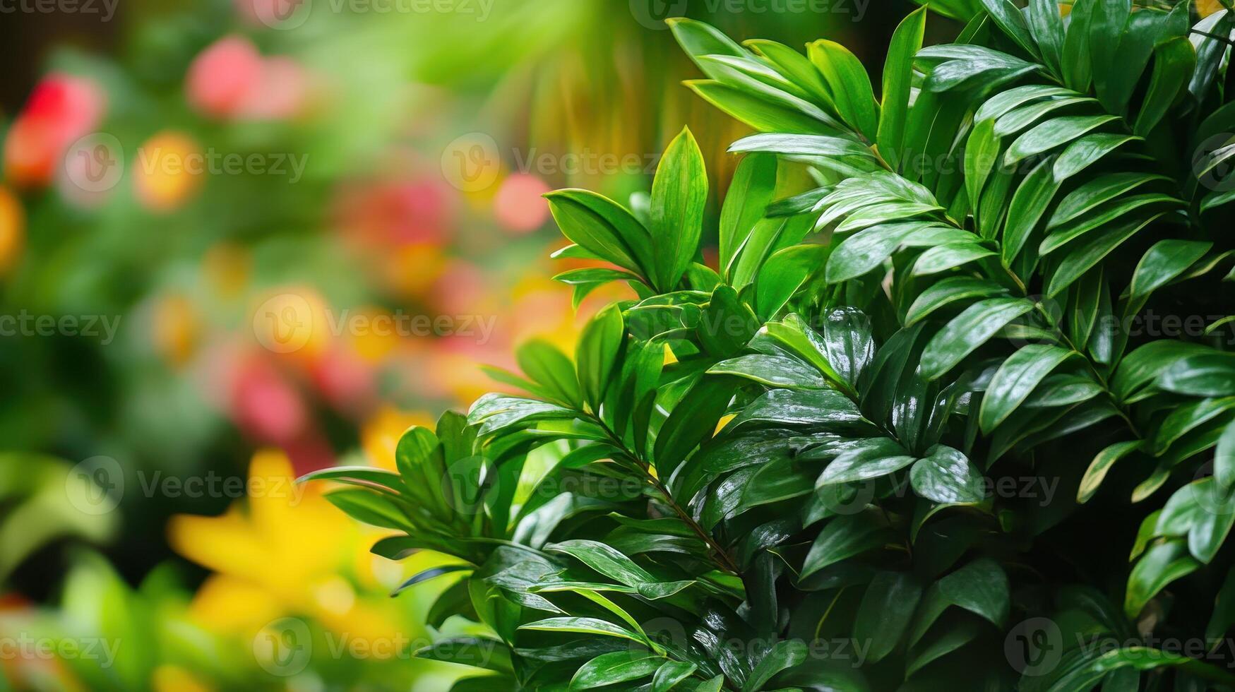 A close-up of vibrant green leaves with a blurred colorful background. photo