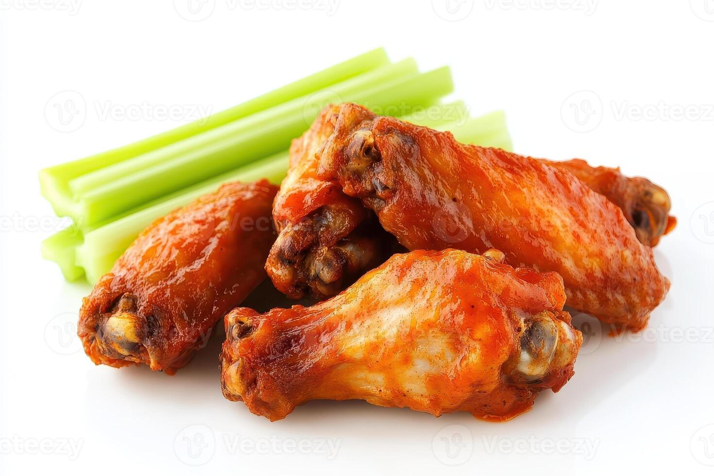 A plate of spicy chicken wings served with celery sticks. photo