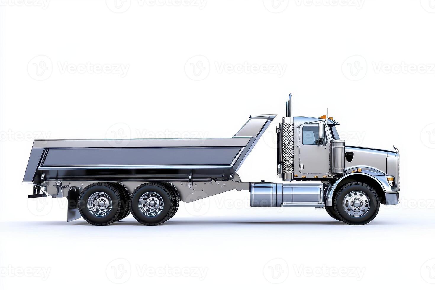 A side view of a silver dump truck designed for transporting materials. photo