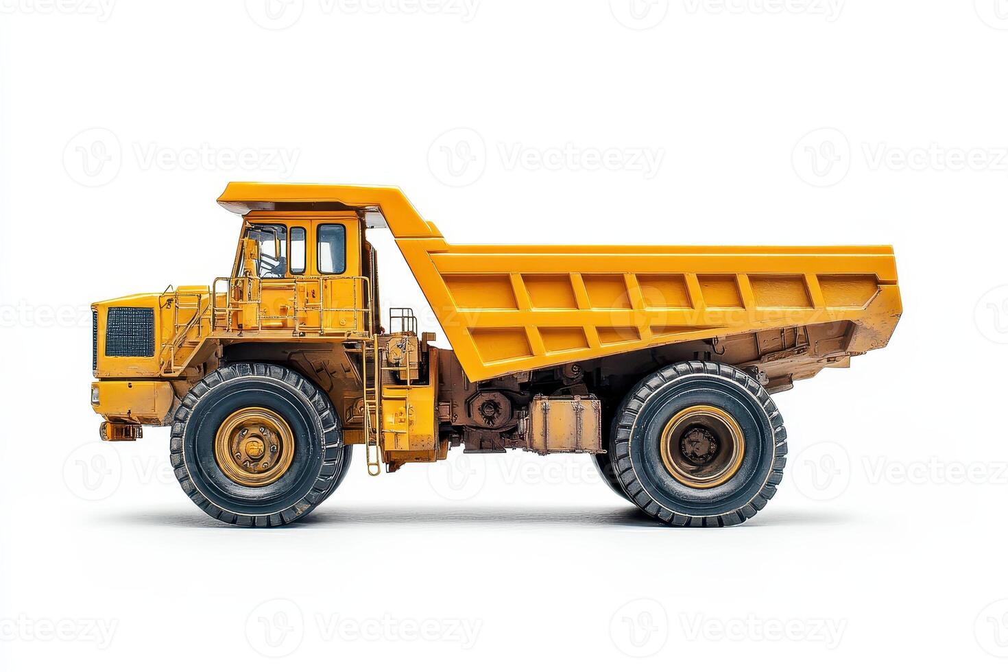 A side view of a yellow dump truck, commonly used in construction and mining. photo