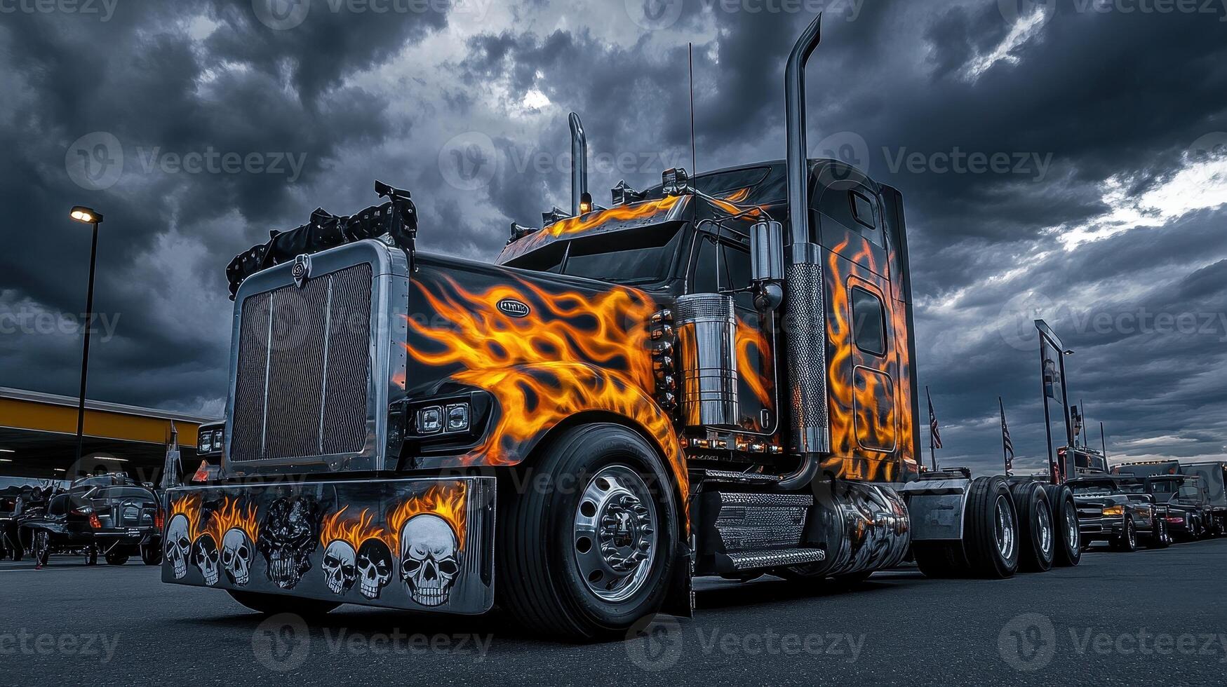 A striking custom truck with flame graphics and skull motifs, set against a dramatic sky. photo