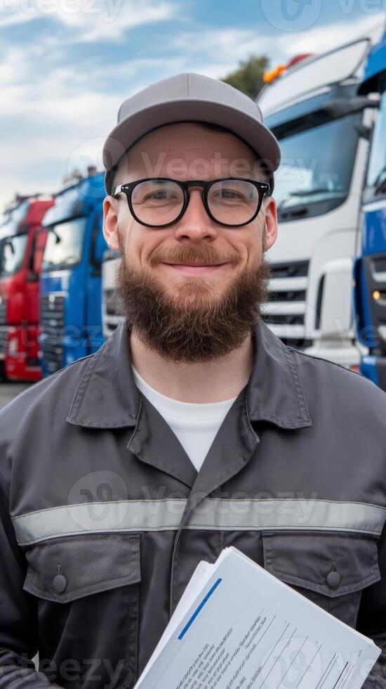 A man with glasses and a beard standing in front of trucks photo