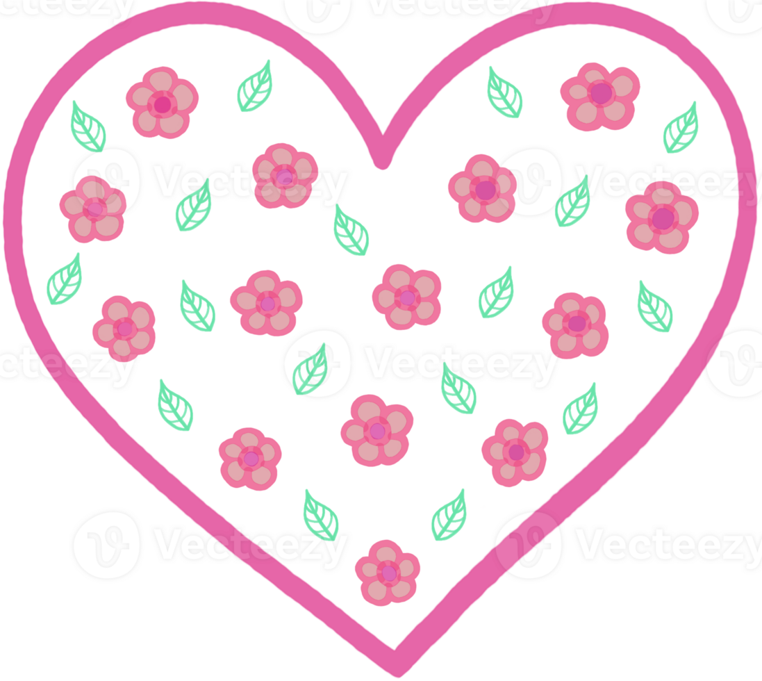 Lovely hearts with flowers and green leaves in the sweet tone of pink colors. png