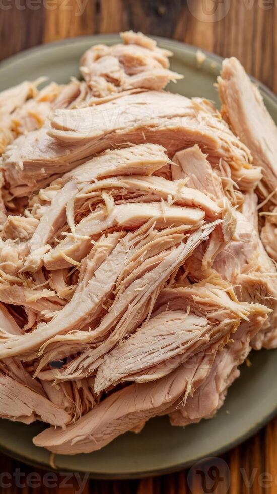 A plate of shredded chicken on a wooden table photo