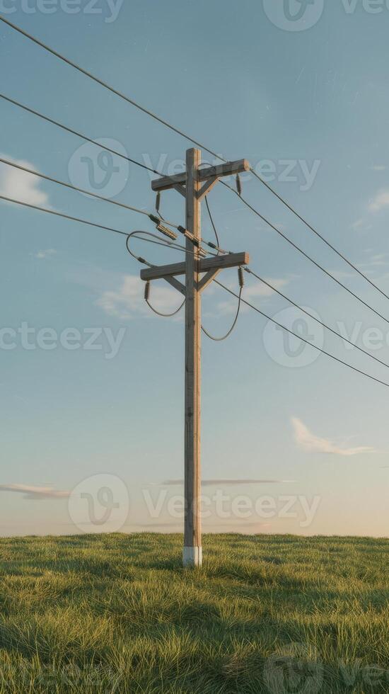 A 3d rendering of a telephone pole in a grassy field photo