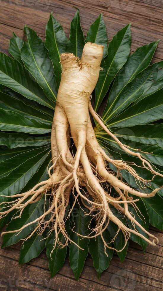 Ginseng root on a green leaf photo