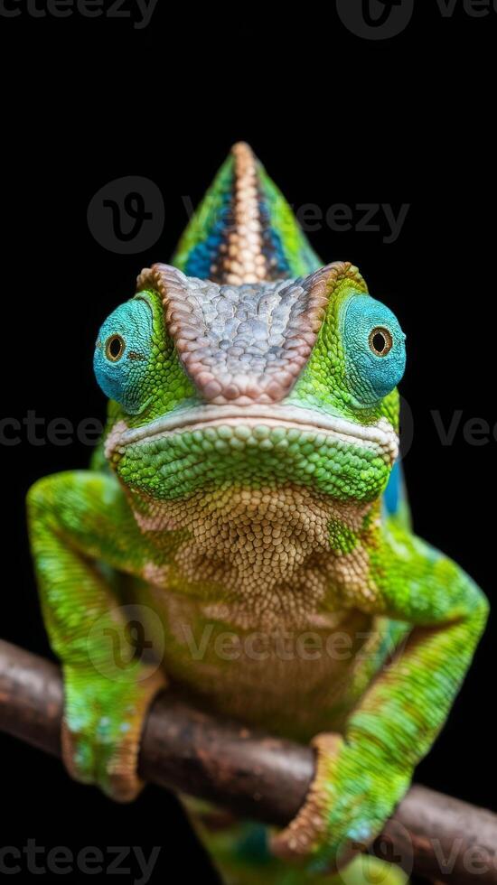 A chameleon with blue eyes sitting on a branch photo