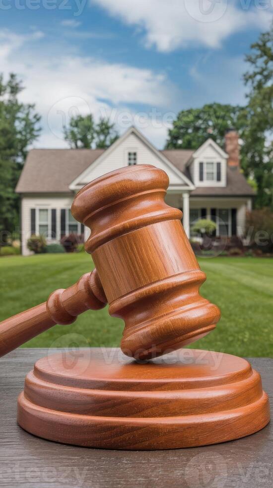 Judge gavel on wooden table in front of house photo