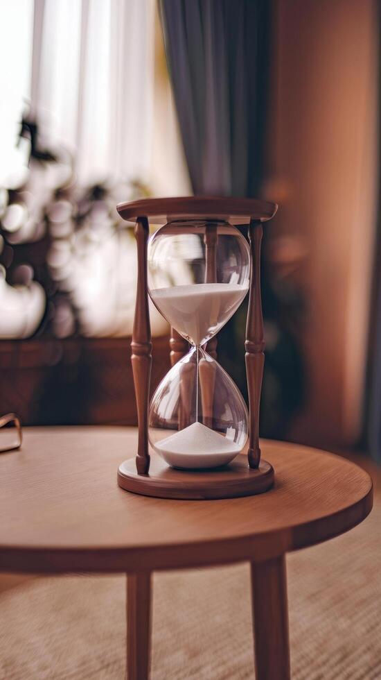 Hourglass on table with copy space photo