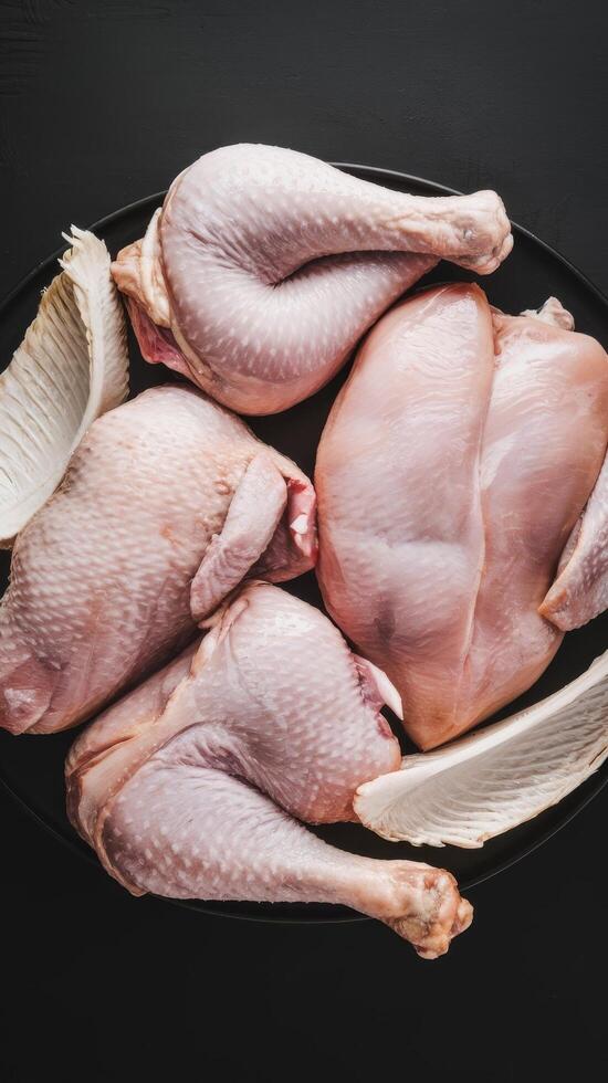 Fresh raw chicken meat and chicken parts drumstick breast fillet wing thigh black background top view copy space photo
