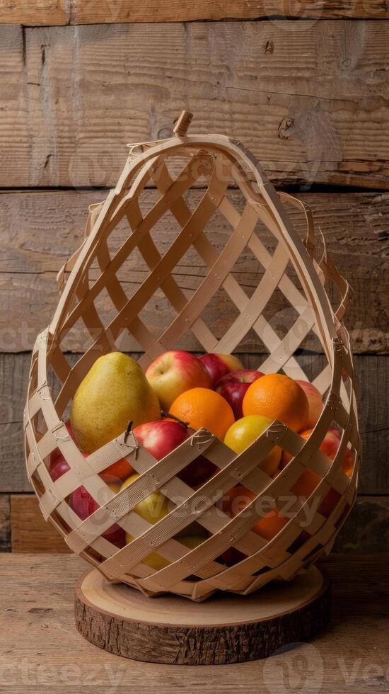 A basket filled with fruit on a wooden table photo