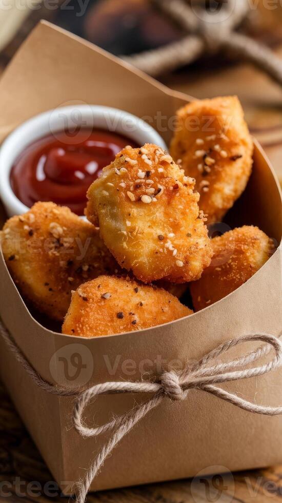 A box with some fried chicken nuggets and ketchup photo