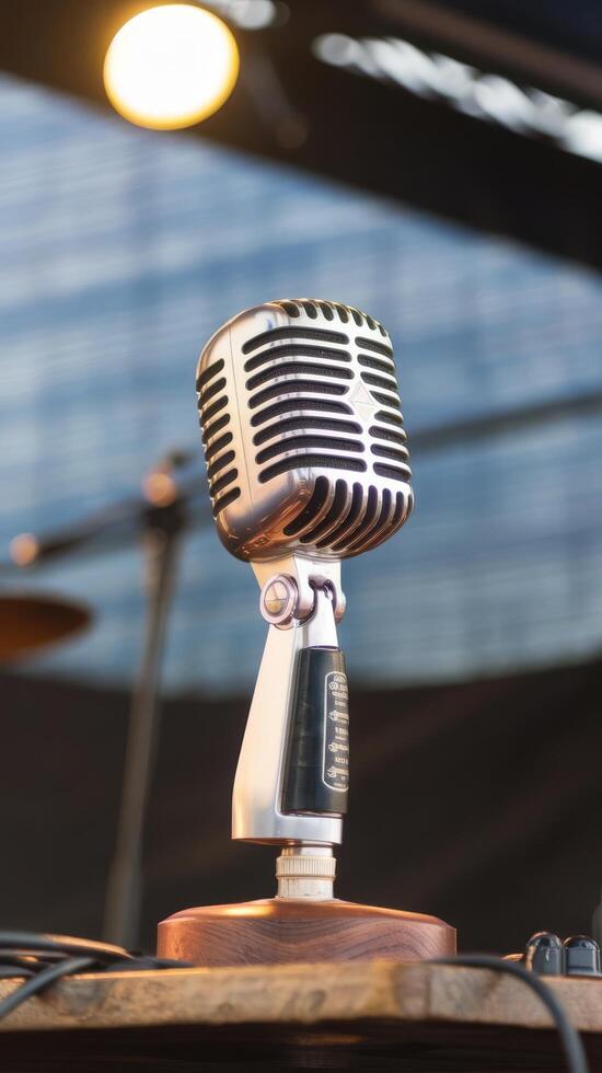 Retro microphone on stage with bokeh light photo
