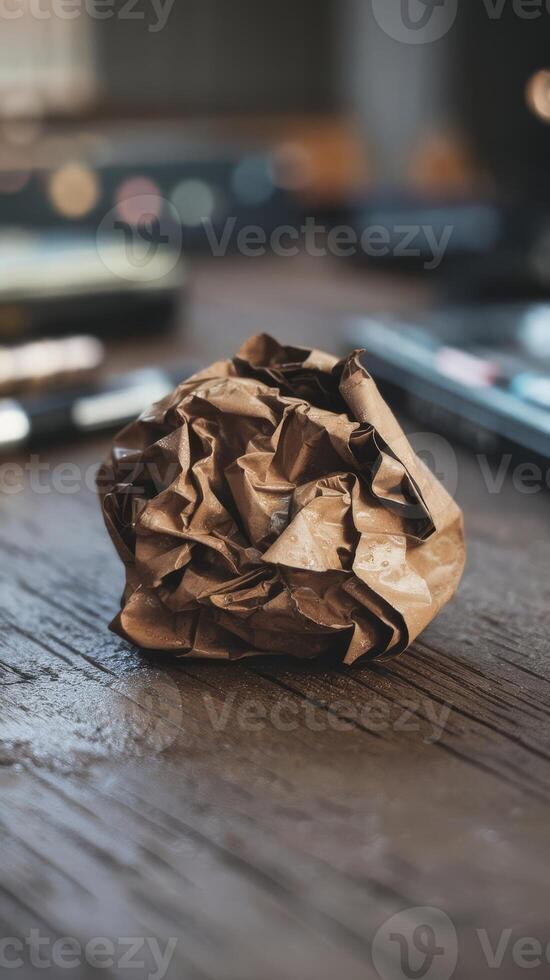 A crumpled piece of paper sitting on a table photo