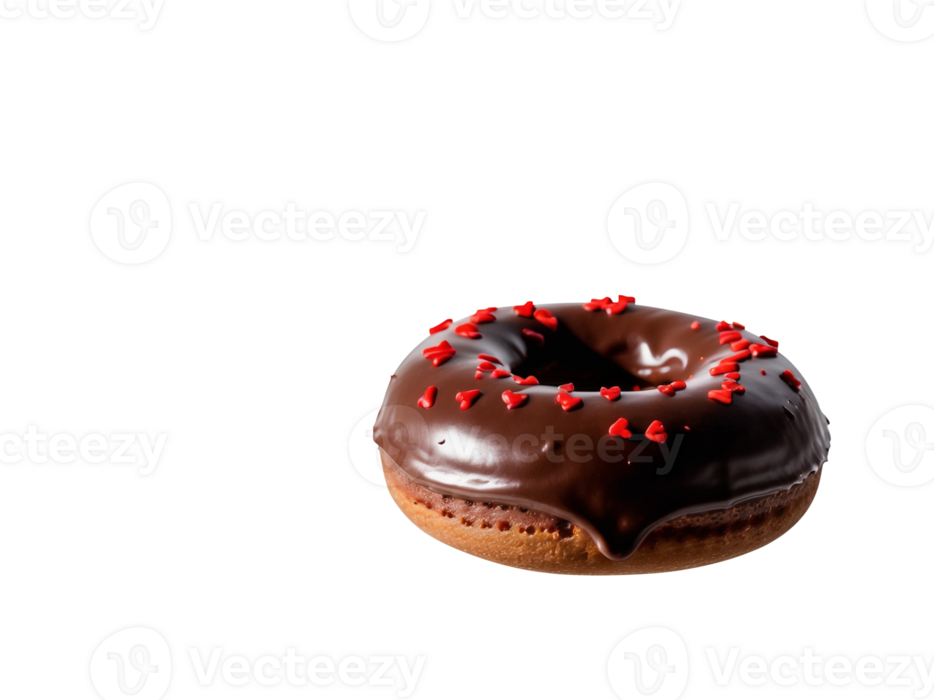 Single chocolate donut topped with red heart sprinkles isolated on transparent background. png