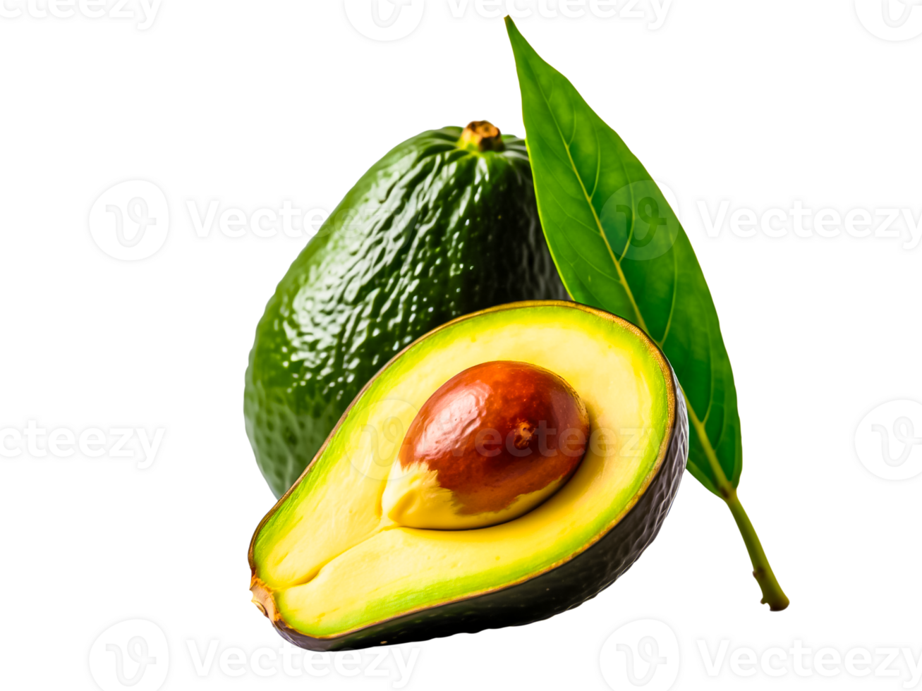 High angle view of avocado a whole and a half with green leaf isolated on transparent background. png