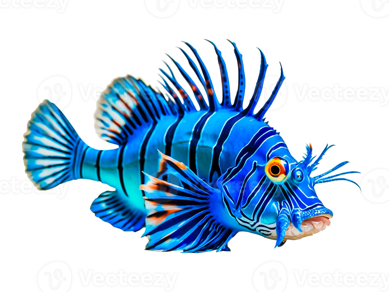Lionfish, the venomous marine fish with black bands on the body and venomous spines isolated on transparent background. png