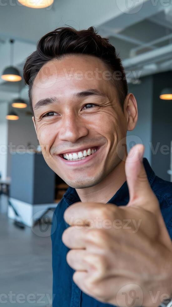 A man is giving the thumbs up sign in an office photo