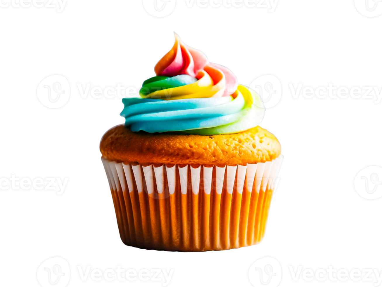 Front view of delicious cupcake garnish with colorful cream isolated on transparent background. png