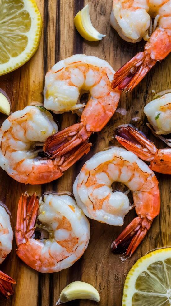 Close up portion of shrimp fried in garlic and oil with lemon on wooden background photo