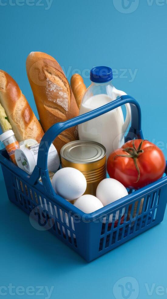 A basket filled with food items on a blue background photo