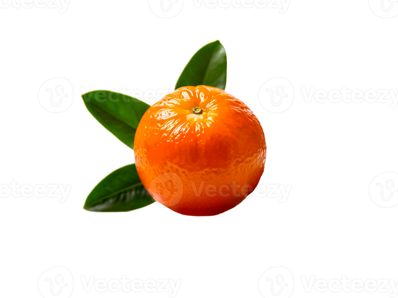 High angle view of single ripe orange with leaves isolated on transparent background. png