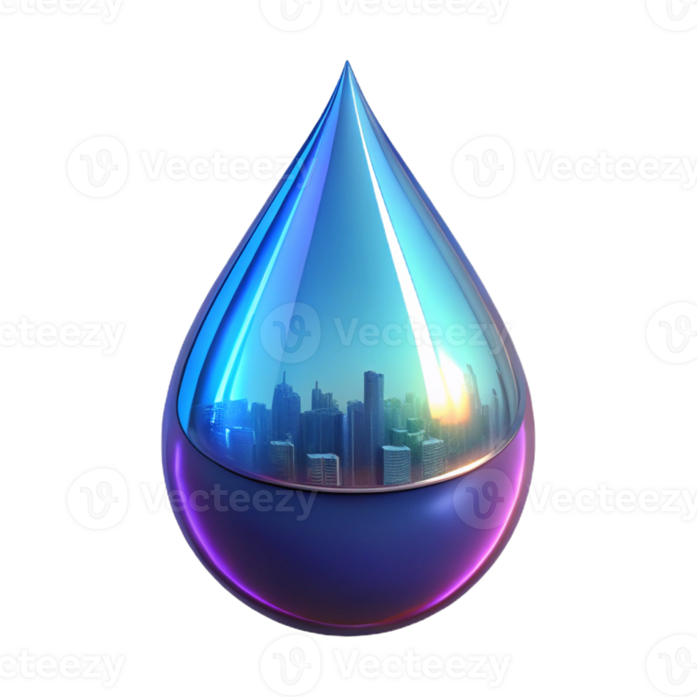 elegant abstract A single, perfect teardrop reflecting a futuristic cityscape, hyperrealistic style, neon lighting high quality png