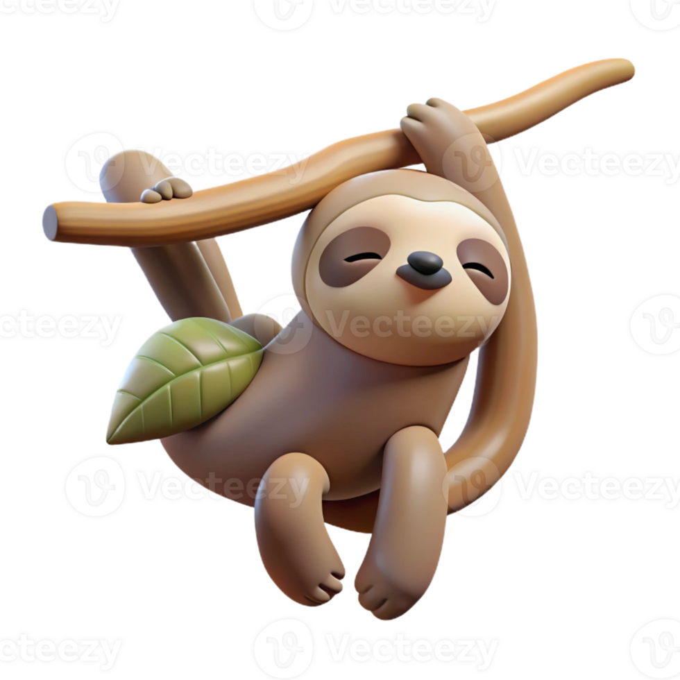 dramatic artistic A sleepy sloth hanging upside down from a tree branch, relaxed pose and furry coat, cute and whimsical style authentic png