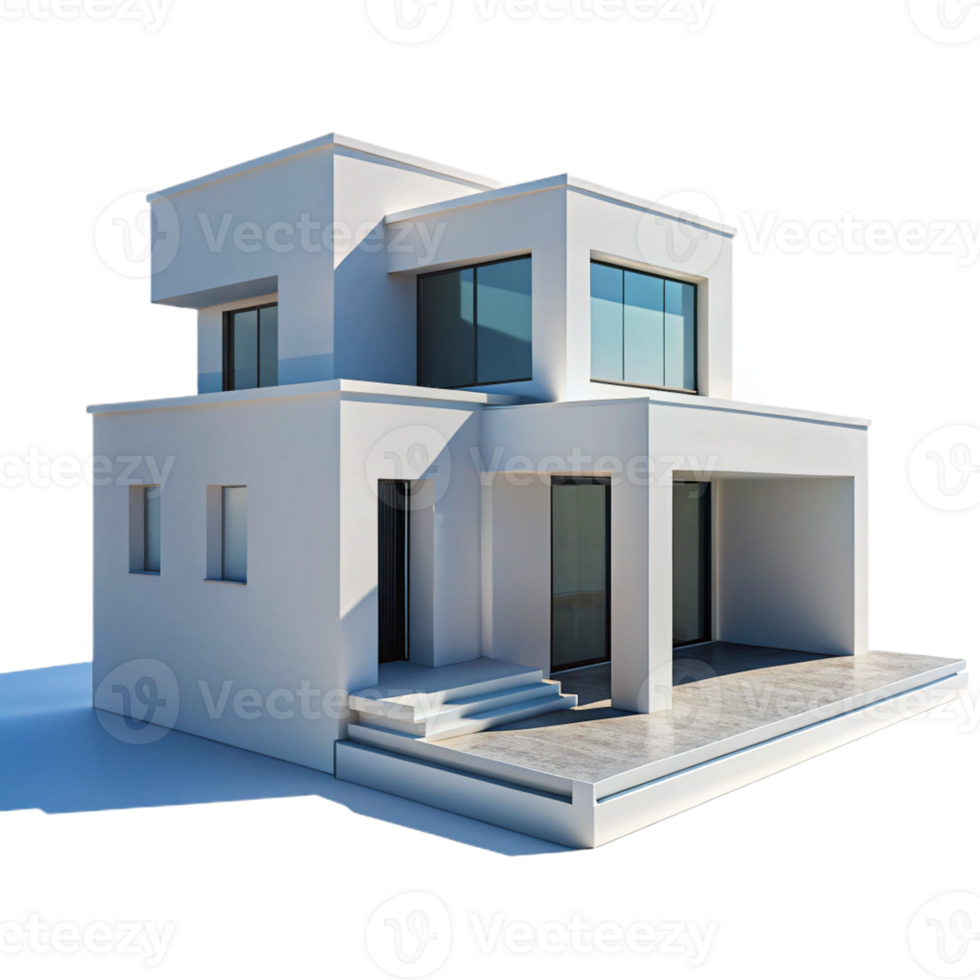 beautiful contemporary Modernist villa, white concrete, minimalist design, clear blue sky, crisp shadows, architectural photography, high quality png