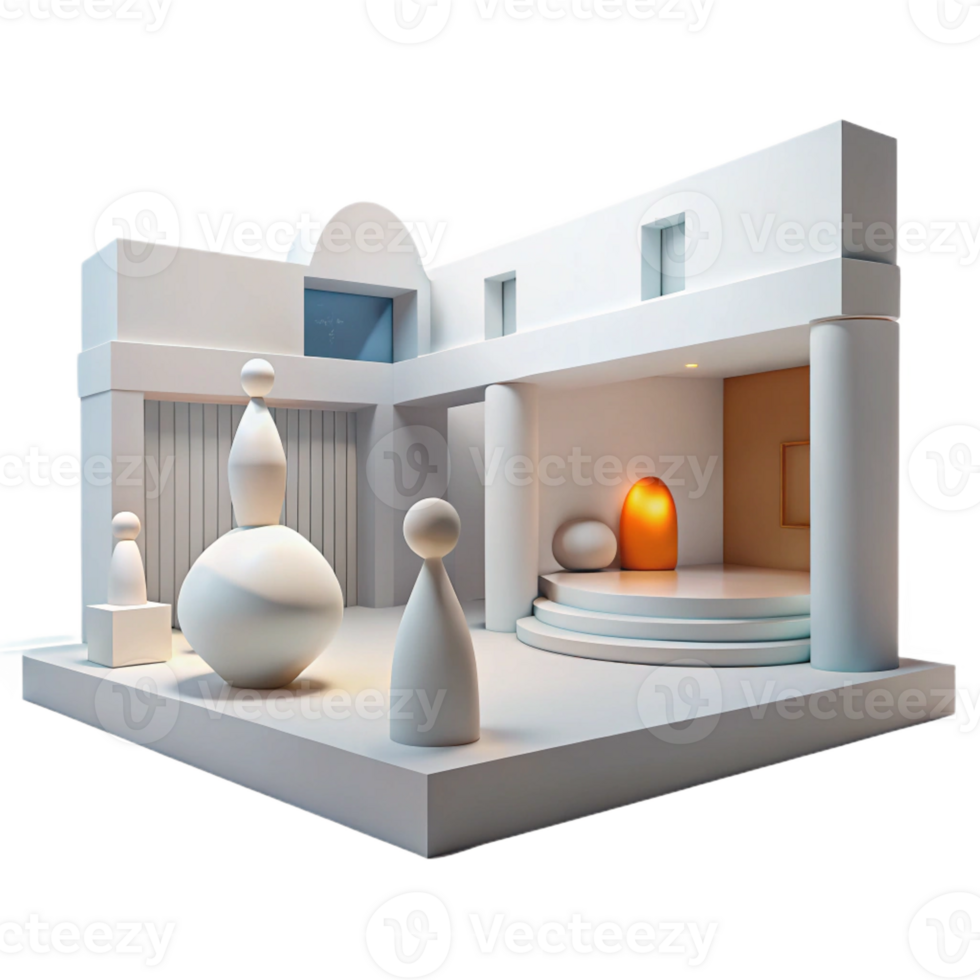 vibrant rustic A modern art museum with sleek white walls and minimalist sculptures, bright natural light detailed png