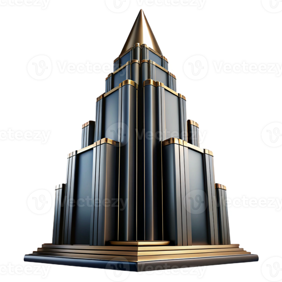 serene modern Art Deco skyscraper, chrome and black glass, sharp lines, volumetric lighting, high contrast, detailed png