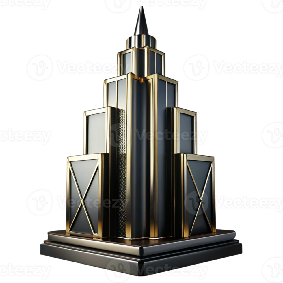 extraordinary minimalist Art Deco skyscraper, chrome and black glass, sharp lines, volumetric lighting, high contrast, high resolution png