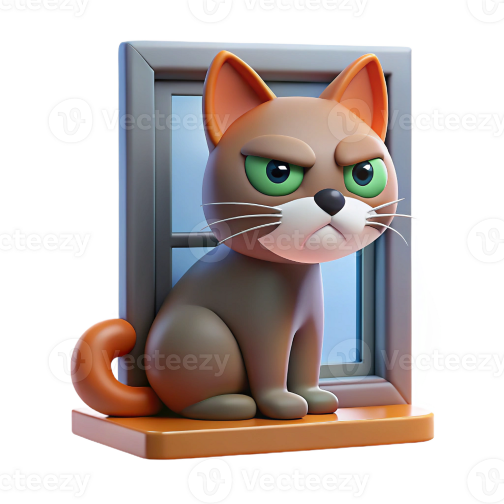 dramatic rustic A grumpy-looking cat sitting on a windowsill, indoor setting, humorous style, premium png
