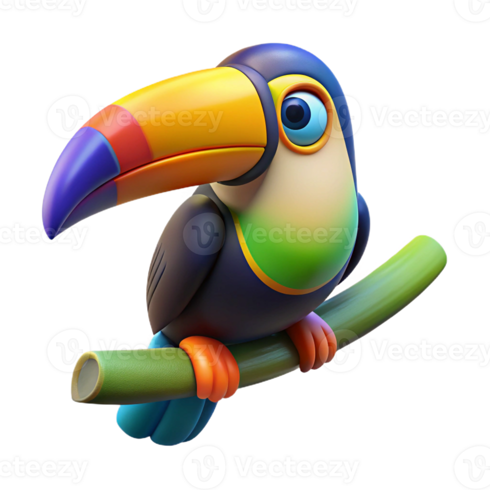 beautiful vintage A colorful toucan perched on a branch, vibrant beak and feathers, cartoon style detailed png