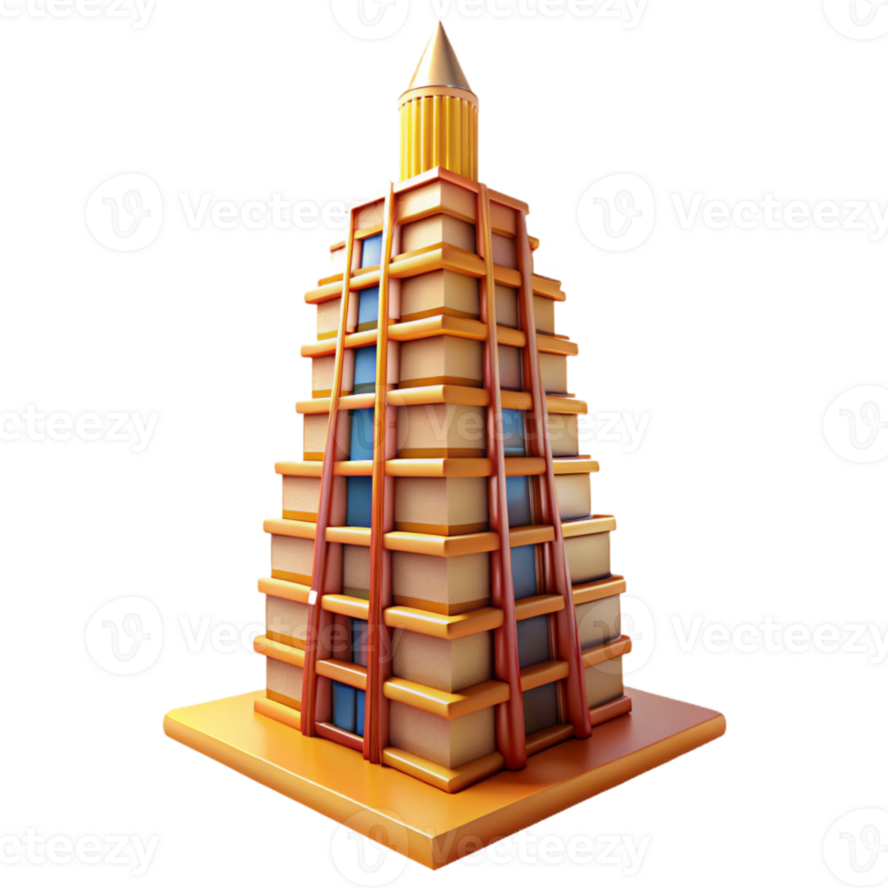 elegant vintage A towering skyscraper made entirely of books, warm interior lighting, whimsical, intricate details, authentic png