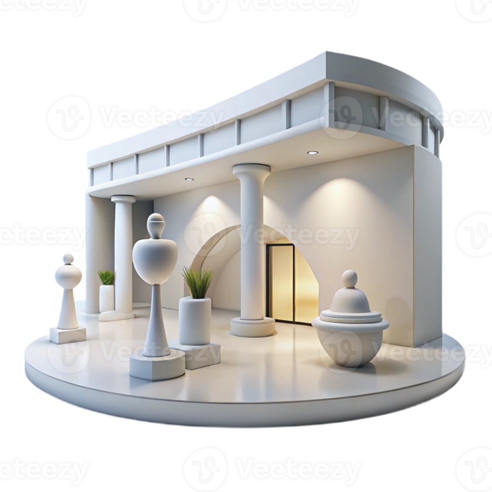 dramatic modern A modern art museum with sleek white walls and minimalist sculptures, bright natural light detailed png