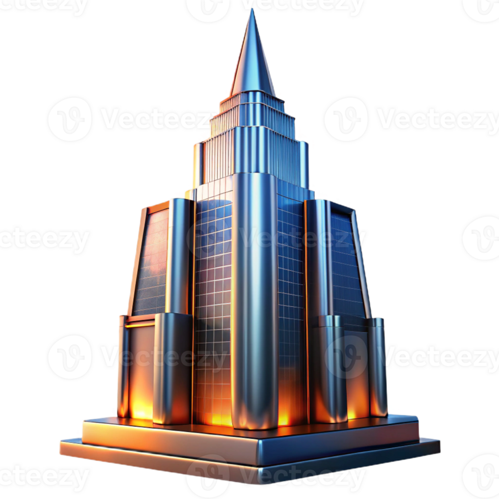 elegant modern Art Deco skyscraper, chrome and glass, sharp lines, volumetric lighting, sunset orange and deep blue hues, highly polished surfaces professional png