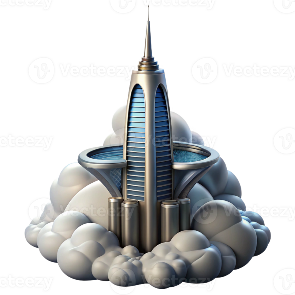 wonderful modern A futuristic skyscraper piercing the clouds, sleek and aerodynamic, dramatic sky, science fiction illustration premium png