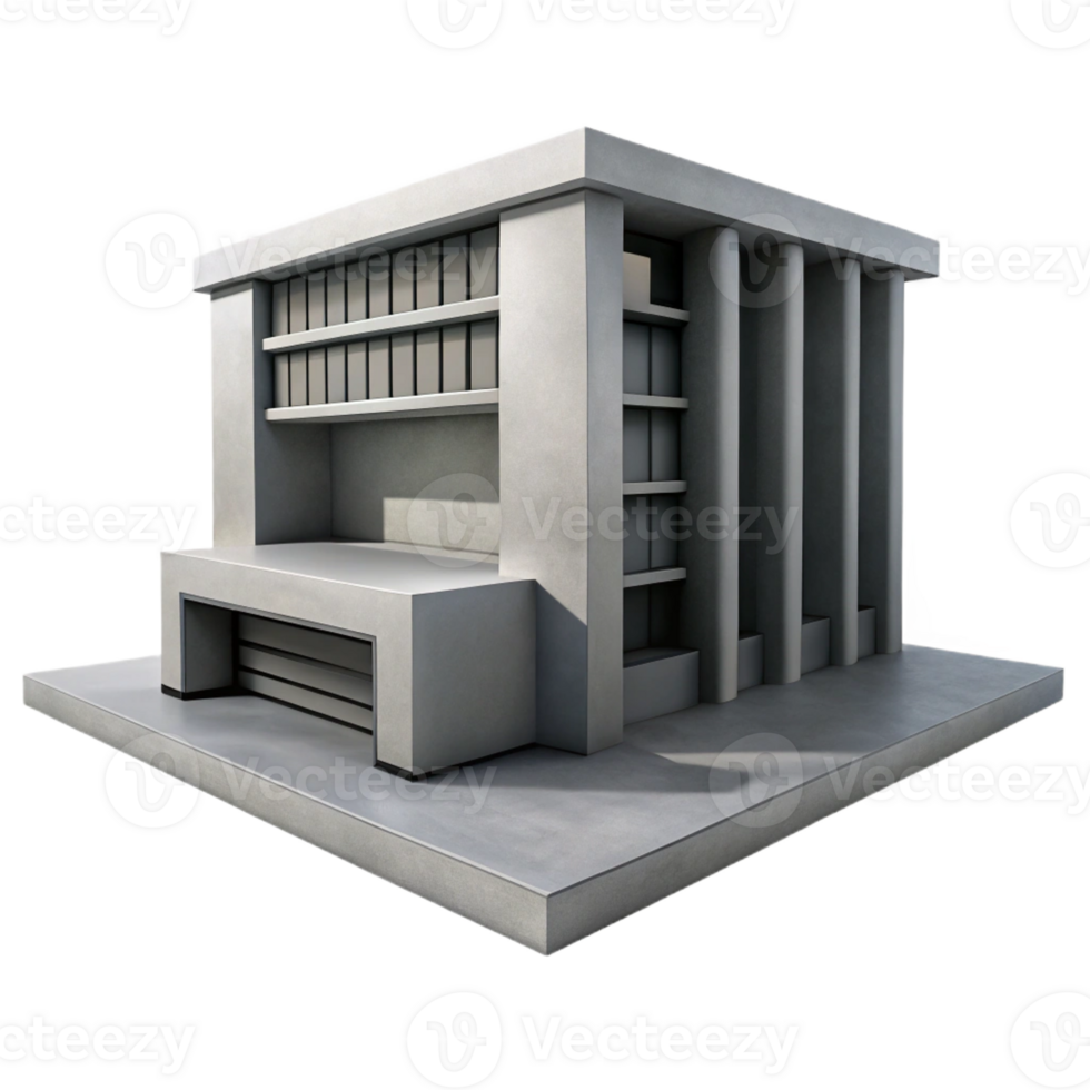 beautiful abstract A Brutalist concrete library, harsh shadows, minimalist style, high contrast black and white, high quality png