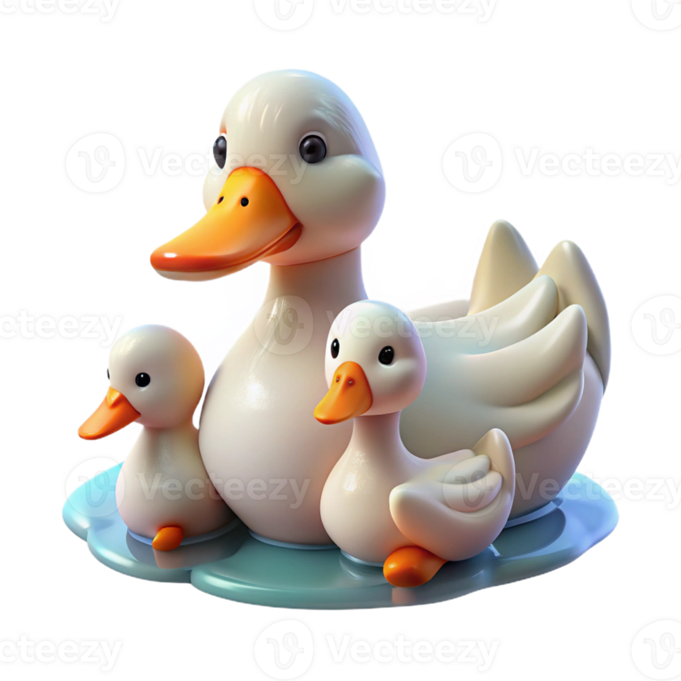 beautiful minimalist A family of ducks swimming in a pond, fluffy feathers and playful interactions, cute and whimsical style high resolution png
