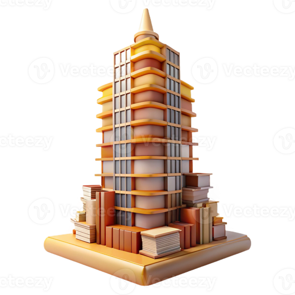 beautiful modern A towering skyscraper made entirely of books, warm interior lighting, whimsical, intricate details, high resolution png