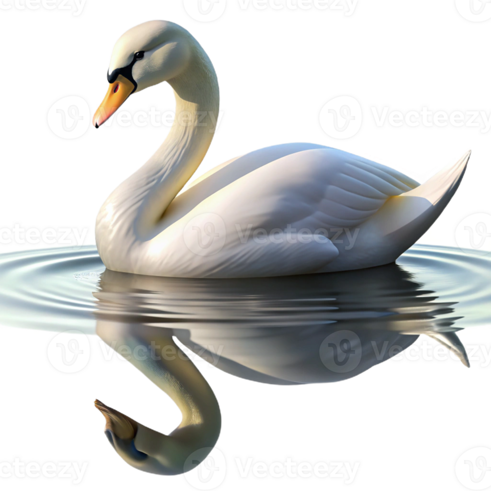 impressive creative A graceful swan gliding across a still lake, serene setting, soft lighting, elegant reflection original png