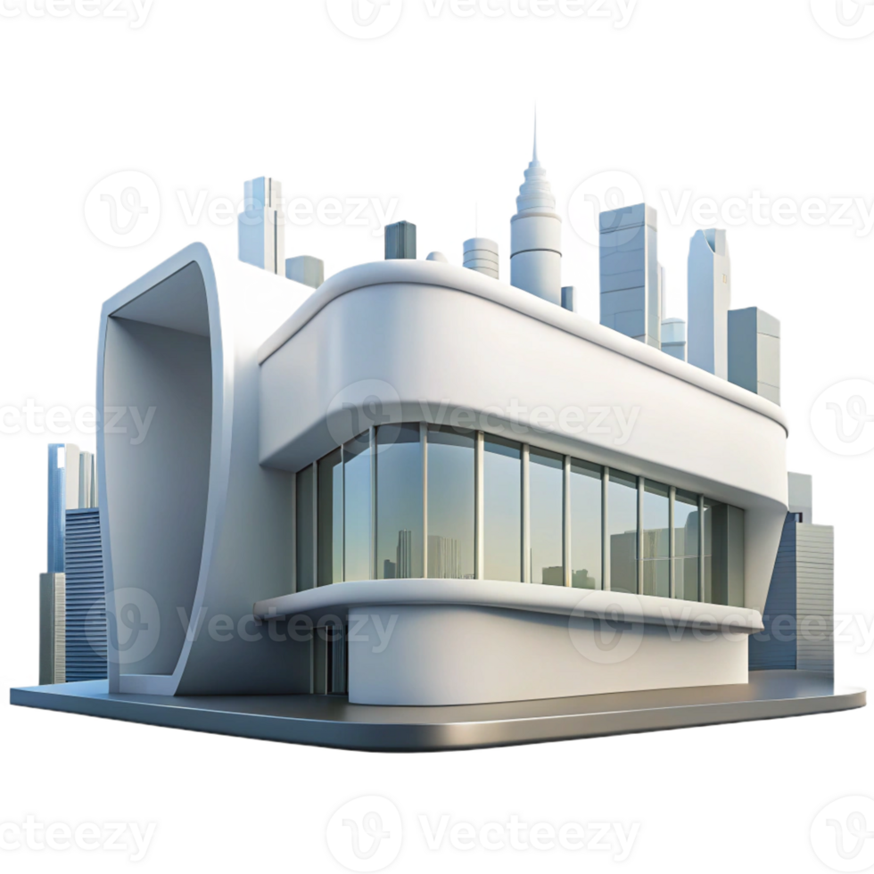 dramatic creative Modern art museum, sleek white concrete, large glass windows, city skyline backdrop, contemporary, professional png