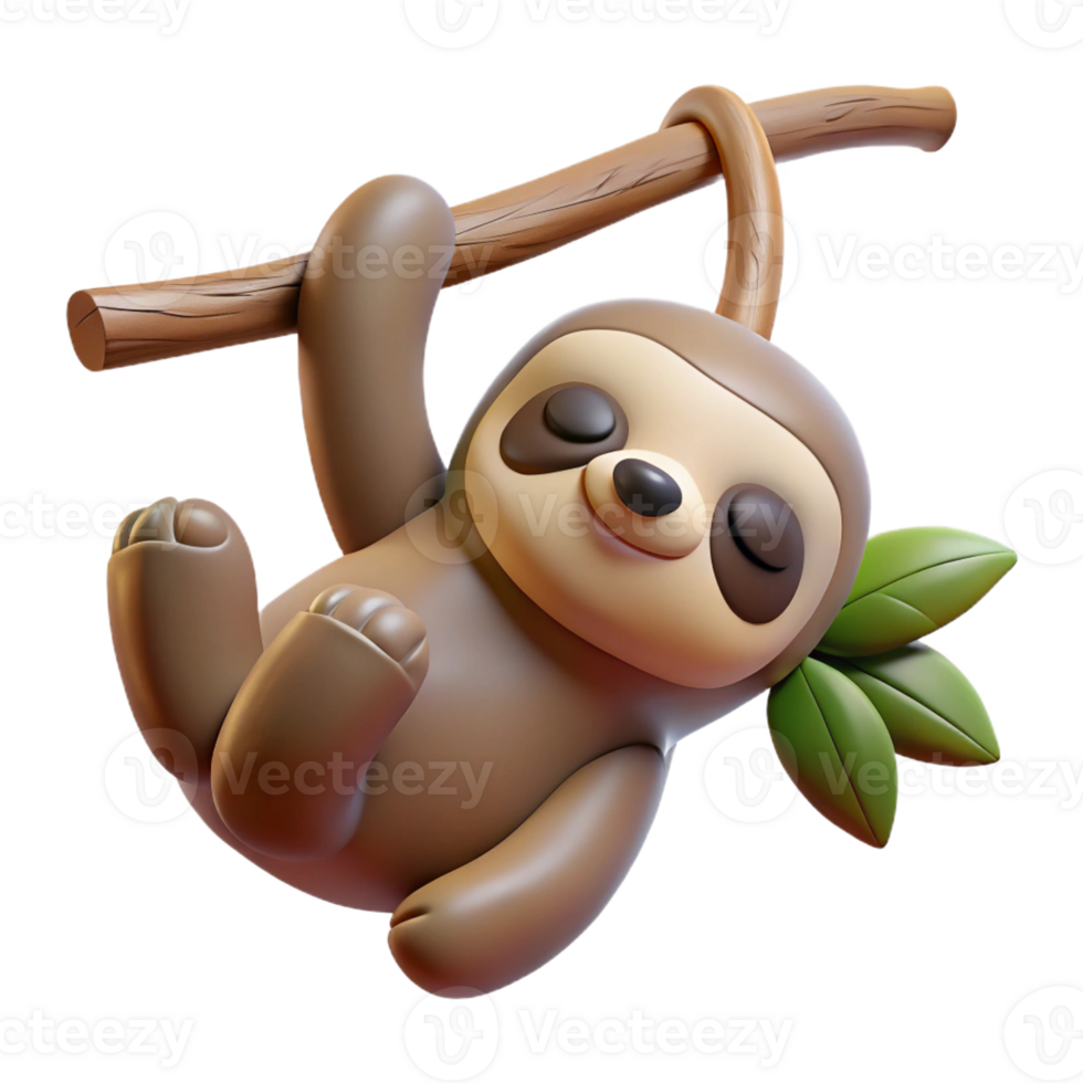 vibrant abstract A sleepy sloth hanging upside down from a tree branch, relaxed pose and furry coat, cute and whimsical style high quality png