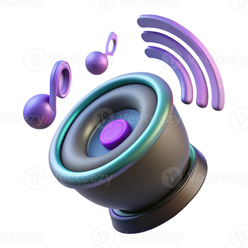 dramatic contemporary A levitating speaker playing music, holographic sound waves visible, dark background, product photography style high resolution png