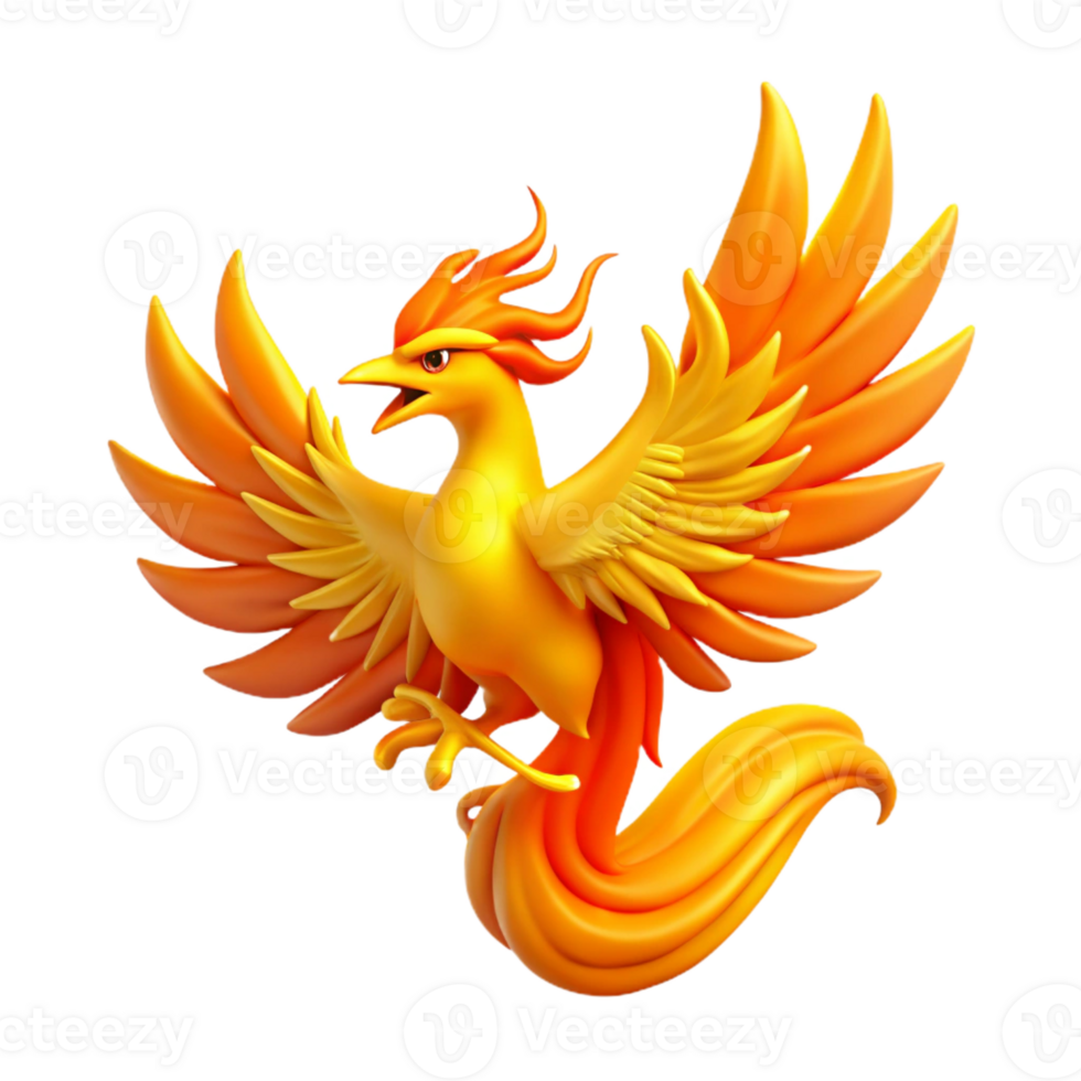 magnificent minimalist A majestic phoenix rising from flames, vibrant orange and yellow, Japanese woodblock print style premium png