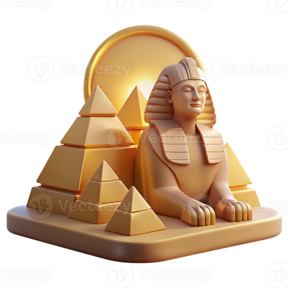 wonderful abstract A stoic sphinx guarding the pyramids, bathed in the golden light of the setting sun, ancient Egyptian art style high resolution png